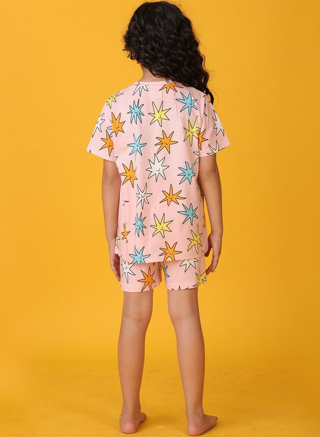 Anthrilo Girls Pink Star Print Cotton T-Shirt and Short Set - Image 2