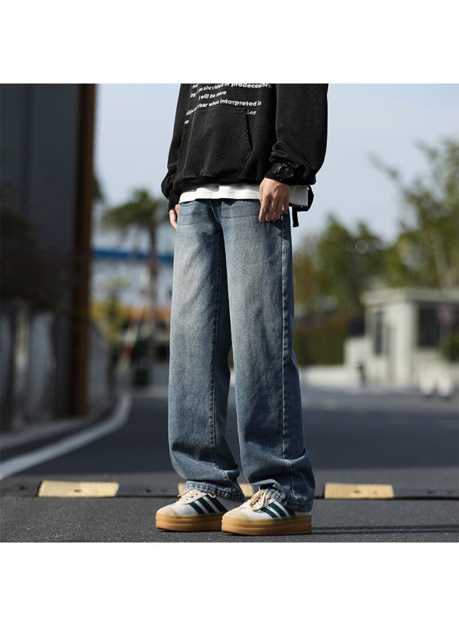 Maybeyond Fleece-lined Denim Jeans Autumn Winter Loose Straight Leg Men's American Style Wide Leg Pants Ma74 Vintage Blue Fleece-lined 2XL - Image 1