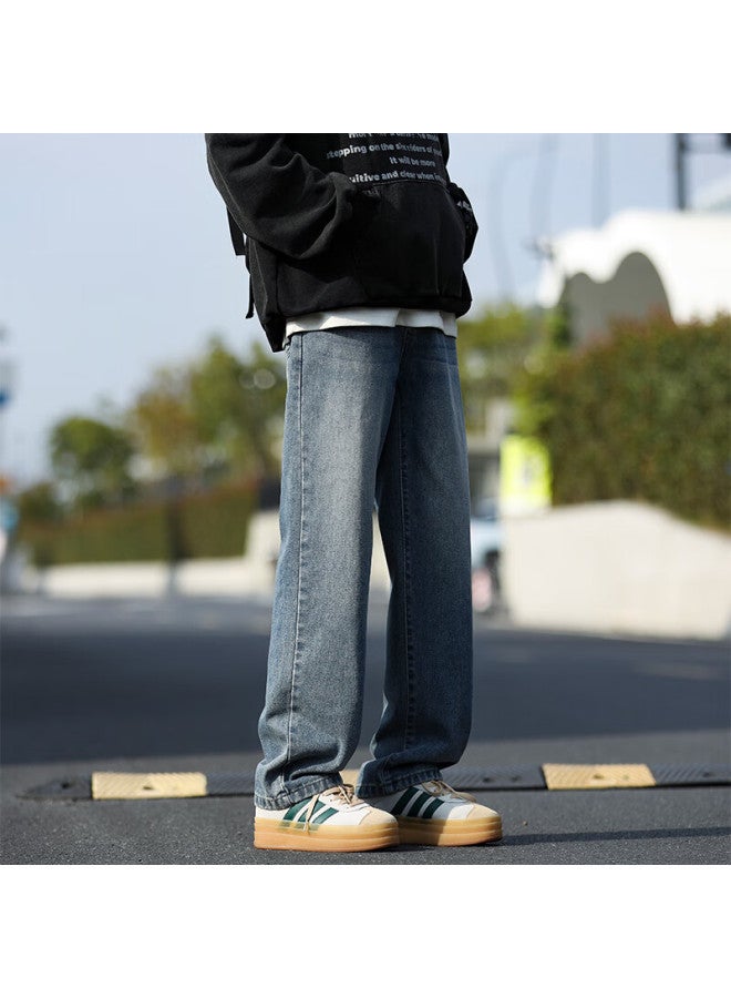 Maybeyond Fleece-lined Denim Jeans Autumn Winter Loose Straight Leg Men's American Style Wide Leg Pants Ma74 Vintage Blue Fleece-lined 2XL - Image 5