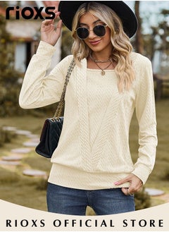 RIOXS Women's Tops,Square Neck Solid Color Long Sleeve Blouses,Loose Fit Casual Tops,Soft Comfortable Pullover Shirt,Casual Tops Office Formal Work Shirts,Pair With Skirt Jeans,Stylish Blouse Tops  - Image 3