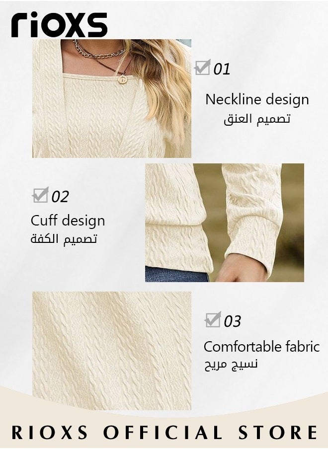 ريوكس - ملابس نسائية، بلوزات طويلة ذات رقبة مربعة صلبة اللون، ملابس غير رسمية غير قابلة للطي، قميص بلوفر مريح ناعم، قمصان عمل رسمية لمكتب القمصان غير الرسمية، جينز مع تنورة، قميص بلوز أنيق - Image 1