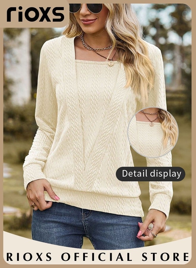 RIOXS Women's Square Neck Long Sleeve Knit T-Shirt, Loose Fit Lightweight Pullover Tops, Soft Comfortable Solid Color Pullover Sweaters, Spring Fall Casual Breathable Tunic Tops, Suitable for Work/Office/Vacation/Travel/Basic Daily Wear, Beige - Image 3
