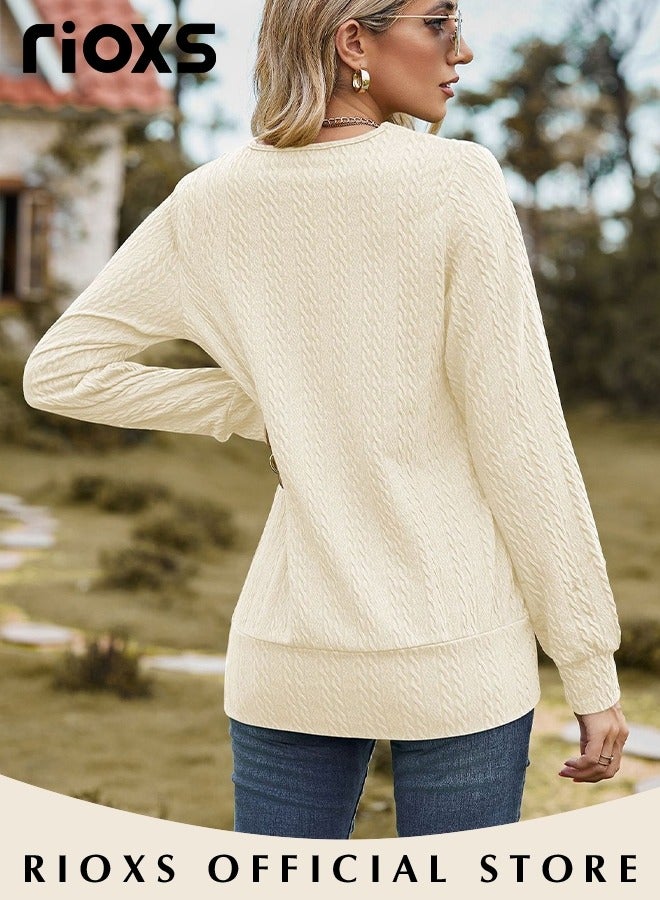 RIOXS Women's Square Neck Long Sleeve Knit T-Shirt, Loose Fit Lightweight Pullover Tops, Soft Comfortable Solid Color Pullover Sweaters, Spring Fall Casual Breathable Tunic Tops, Suitable for Work/Office/Vacation/Travel/Basic Daily Wear, Beige - Image 2