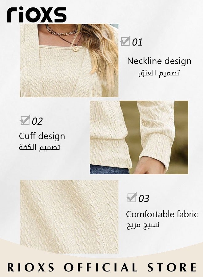 RIOXS Women's Square Neck Long Sleeve Knit T-Shirt, Loose Fit Lightweight Pullover Tops, Soft Comfortable Solid Color Pullover Sweaters, Spring Fall Casual Breathable Tunic Tops, Suitable for Work/Office/Vacation/Travel/Basic Daily Wear, Beige - Image 4