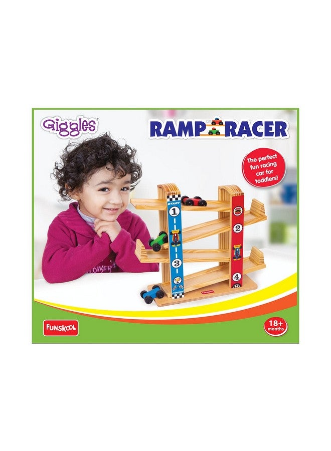 Giggles Funskool - Ramp Racer, Wooden Racing Toy with 3 Mini Cars, Fine Motor Skills, Free Wheeling Cars, 18 Months & Above, Preschool Toys