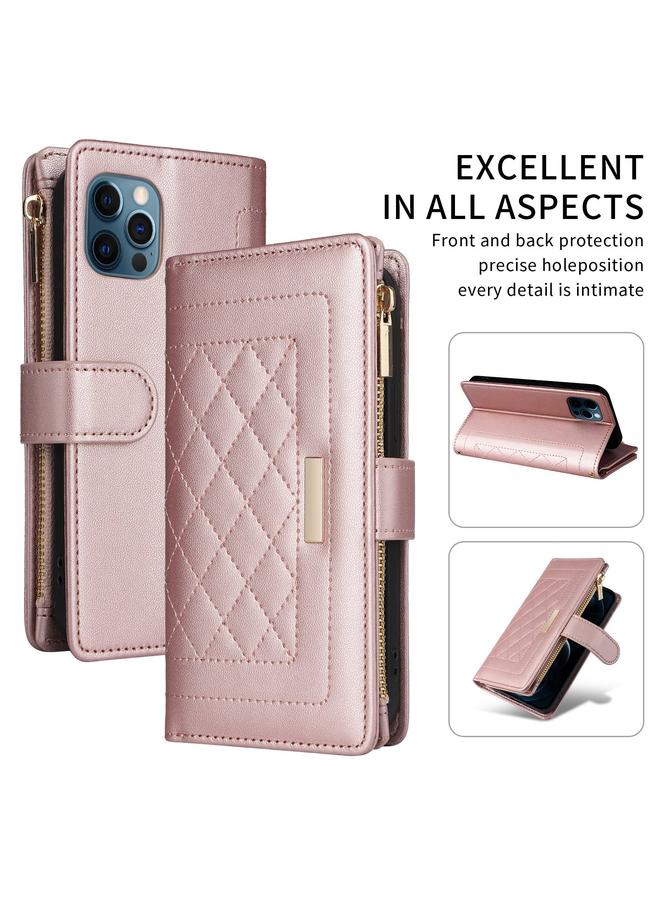 اس-توب جراب هاتف iPhone 12 / 12 Pro Crossbody بسحاب محفظة جلد معيني الشكل - Image 2