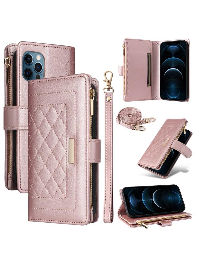 اس-توب جراب هاتف iPhone 12 / 12 Pro Crossbody بسحاب محفظة جلد معيني الشكل - Image 1