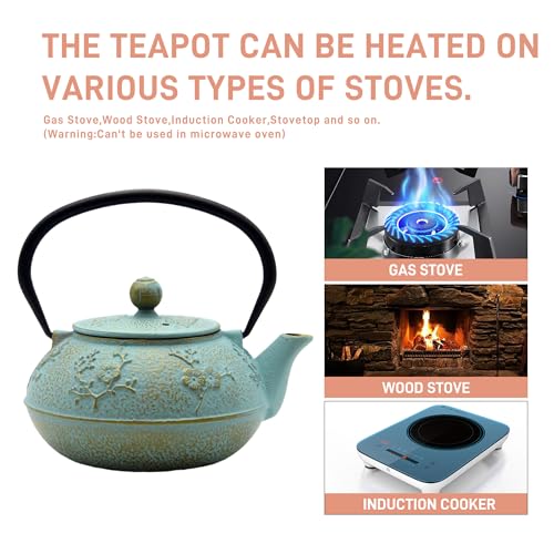 SECHUDO 30.4oz Small Cast Iron Tea Kettle,SECHUDO Tea Pot Coated with Enameled Interior for Loose Tea, Cute Cast Iron Teapot with Stainless Steel Infuser for Stovetop Safe (900ml) - Image 3