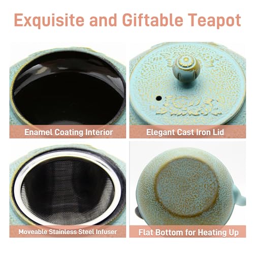 SECHUDO 30.4oz Small Cast Iron Tea Kettle,SECHUDO Tea Pot Coated with Enameled Interior for Loose Tea, Cute Cast Iron Teapot with Stainless Steel Infuser for Stovetop Safe (900ml) - Image 5