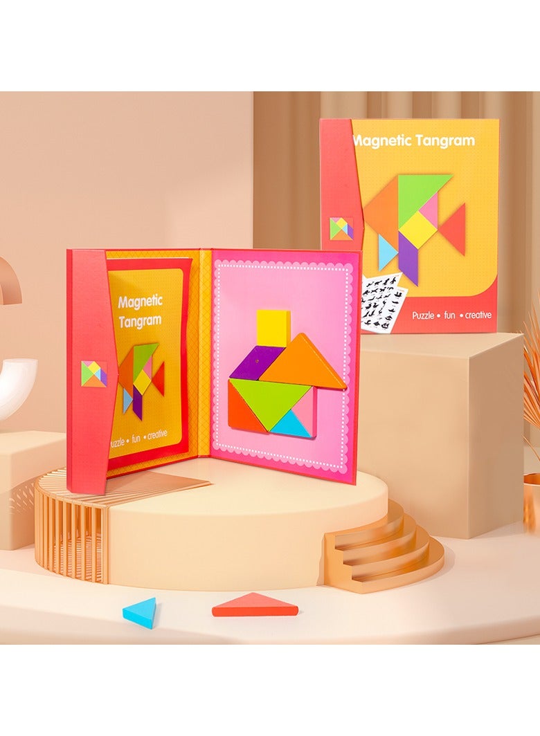 أحجية خشبية تانجرام مغناطيسية، كتاب مكعبات بنمط مغناطيسي، لعبة تعليمية هدية لإثارة العقل للأطفال من سن 3 سنوات فما فوق - Image 1