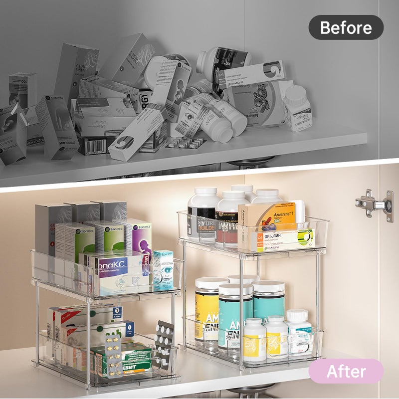 Delamu 2 Tier Snap-Lock Bathroom Under Sink Organizers and Storage, Multi-Purpose Cabinet Drawers with Movable Dividers, Pull Out Organization for Countertop, Kitchen and Pantry(Clear, 2 Pack) - Image 5