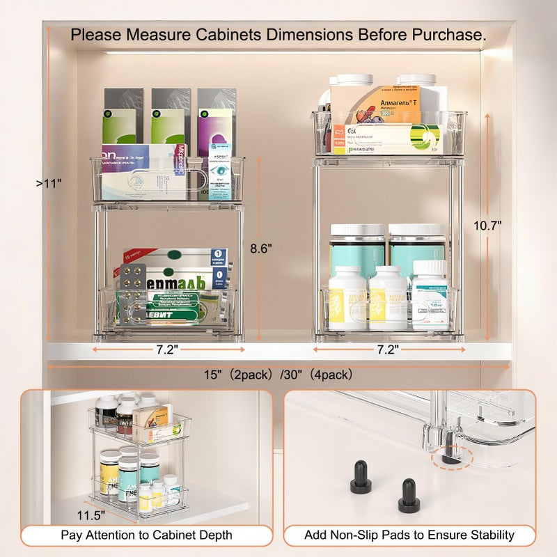 Delamu 2 Tier Snap-Lock Bathroom Under Sink Organizers and Storage, Multi-Purpose Cabinet Drawers with Movable Dividers, Pull Out Organization for Countertop, Kitchen and Pantry(Clear, 2 Pack) - Image 4