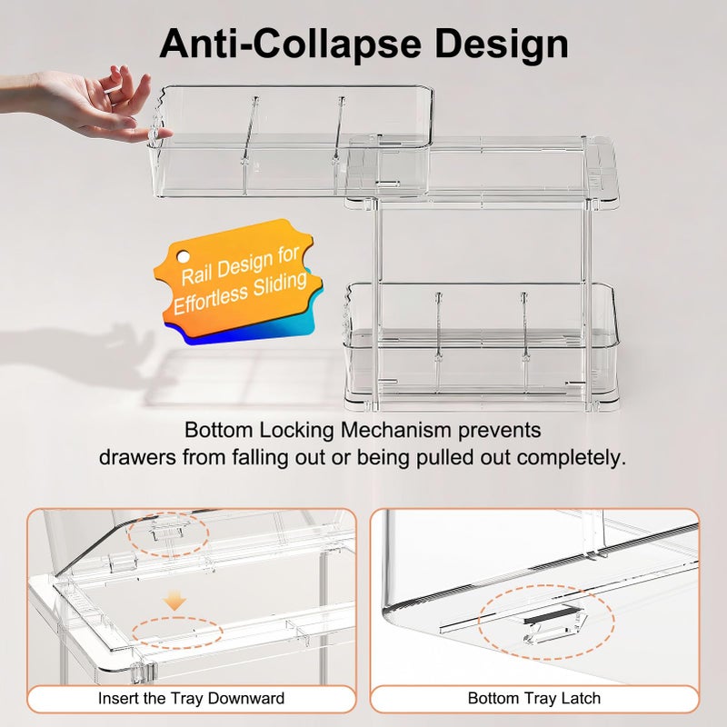 Delamu 2 Tier Snap-Lock Bathroom Under Sink Organizers and Storage, Multi-Purpose Cabinet Drawers with Movable Dividers, Pull Out Organization for Countertop, Kitchen and Pantry(Clear, 2 Pack) - Image 2