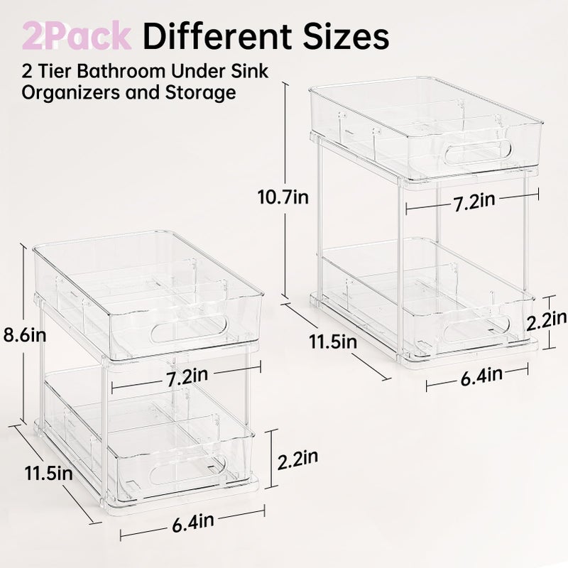 Delamu 2 Tier Snap-Lock Bathroom Under Sink Organizers and Storage, Multi-Purpose Cabinet Drawers with Movable Dividers, Pull Out Organization for Countertop, Kitchen and Pantry(Clear, 2 Pack) - Image 3