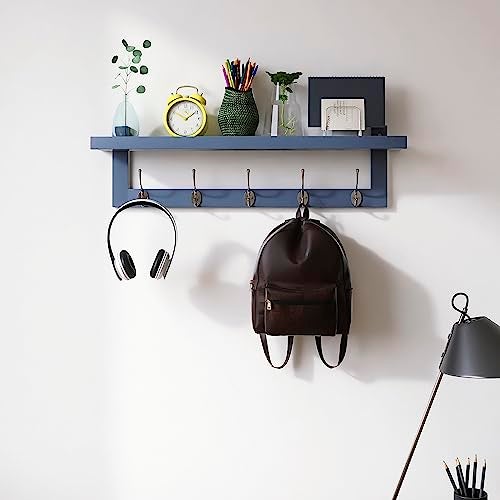 SMIBUY Coat Hooks with Shelf WallMounted 292 Inch Entryway Coat Rack for Wall Bamboo Hanging Shelf with 5 Double Metal Hooks for Bathroom Bedroom Kitchen Living Room Mudroom Grey - Image 3