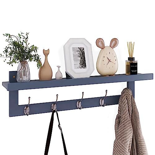 SMIBUY Coat Hooks with Shelf WallMounted 292 Inch Entryway Coat Rack for Wall Bamboo Hanging Shelf with 5 Double Metal Hooks for Bathroom Bedroom Kitchen Living Room Mudroom Grey - Image 1