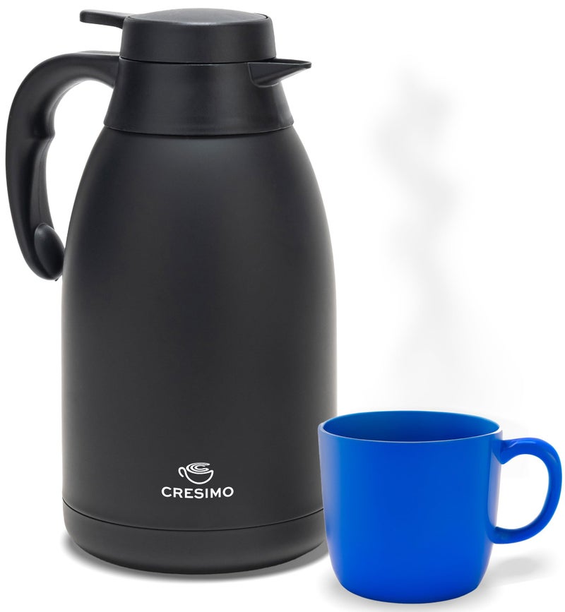 إبريق قهوة حراري 68 أونصة أسود أنيق من الفولاذ المقاوم للصدأ متين سهل الصب يحتفظ بالمشروبات ساخنة تمامًا لمدة 12 ساعة وباردة لمدة 36 ساعة مثالي لمناسبات القهوة في المنزل أو المكتب أو الحفلات
