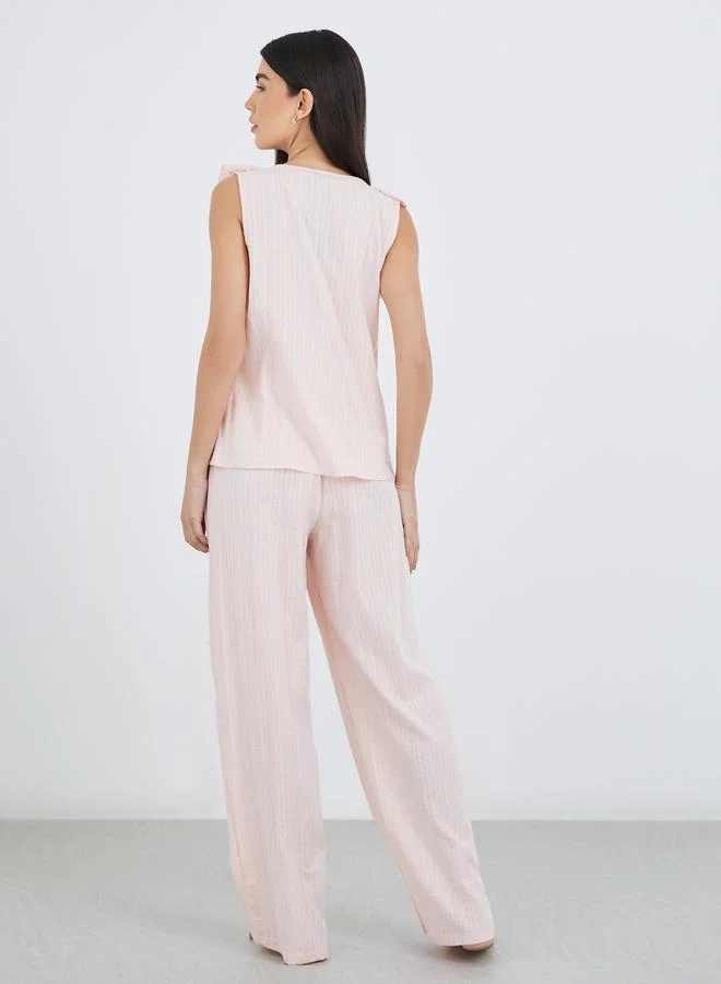 Styli Styli Textured Cotton Ruffle Neck Top and Pyjama Set