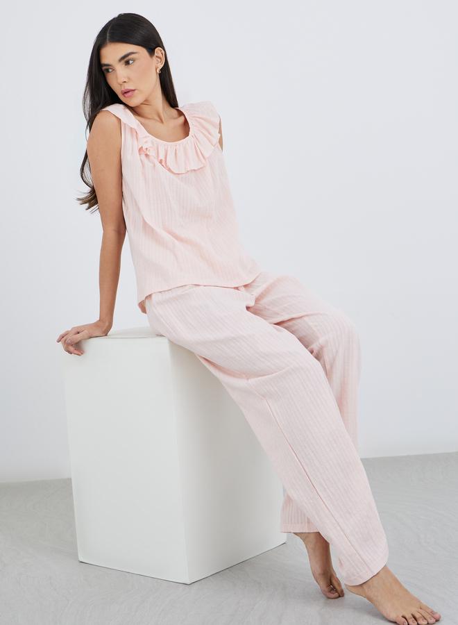 Styli Textured Cotton Ruffle Neck Top and Pyjama Set - Image 1
