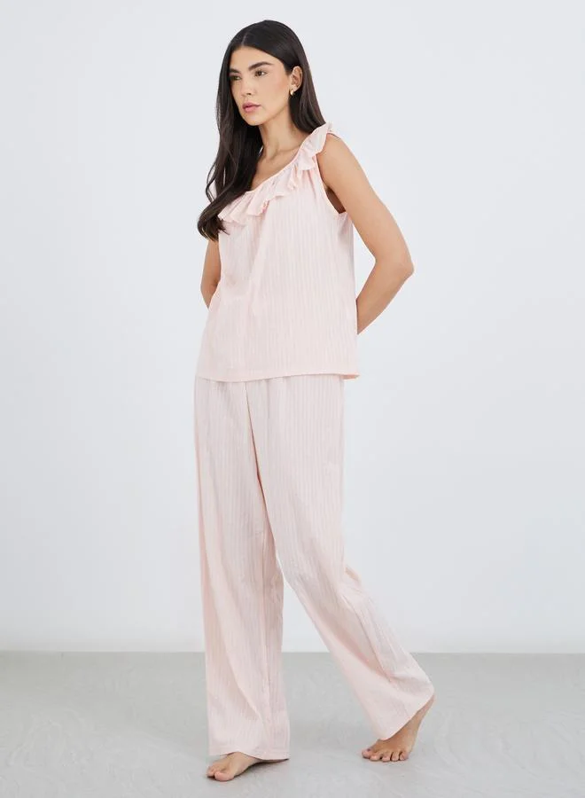 Styli Styli Textured Cotton Ruffle Neck Top and Pyjama Set