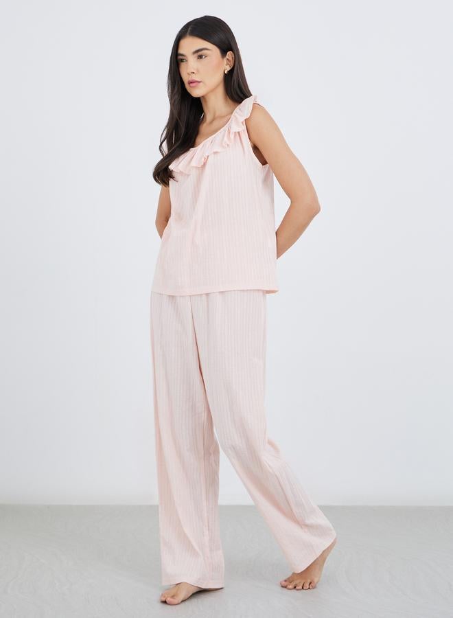 Styli Textured Cotton Ruffle Neck Top and Pyjama Set - Image 2