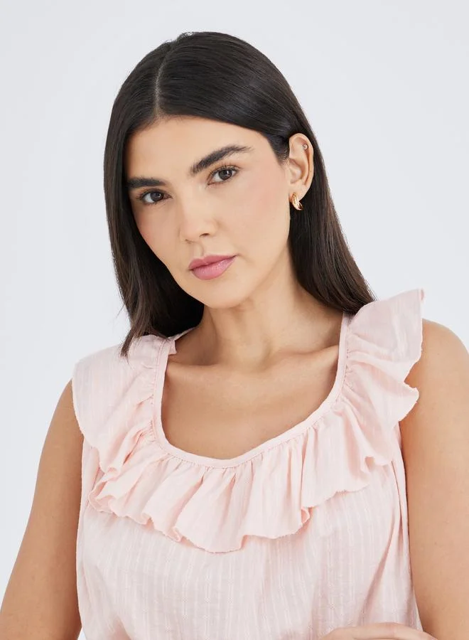 Styli Styli Textured Cotton Ruffle Neck Top and Pyjama Set