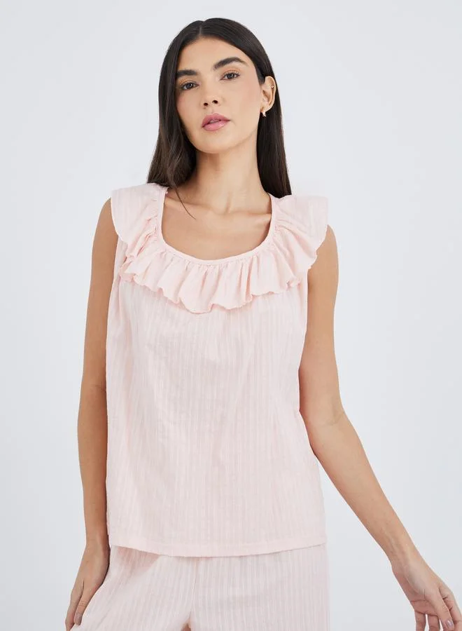 Styli Styli Textured Cotton Ruffle Neck Top and Pyjama Set