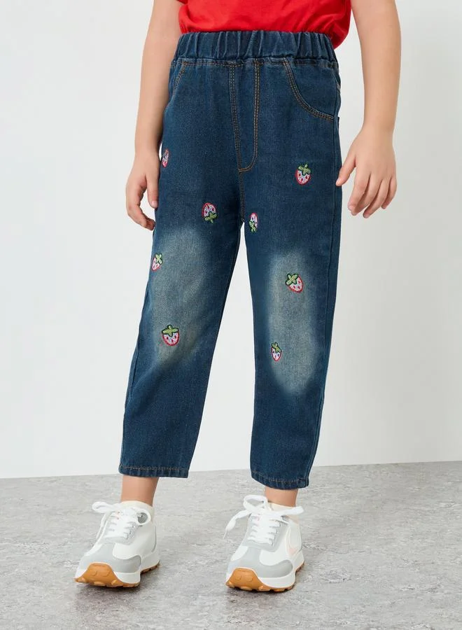 Styli Girls Blue Strawberry Embroidered Jeans