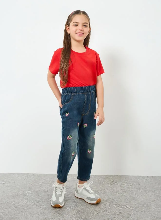 Styli Girls Blue Strawberry Embroidered Jeans