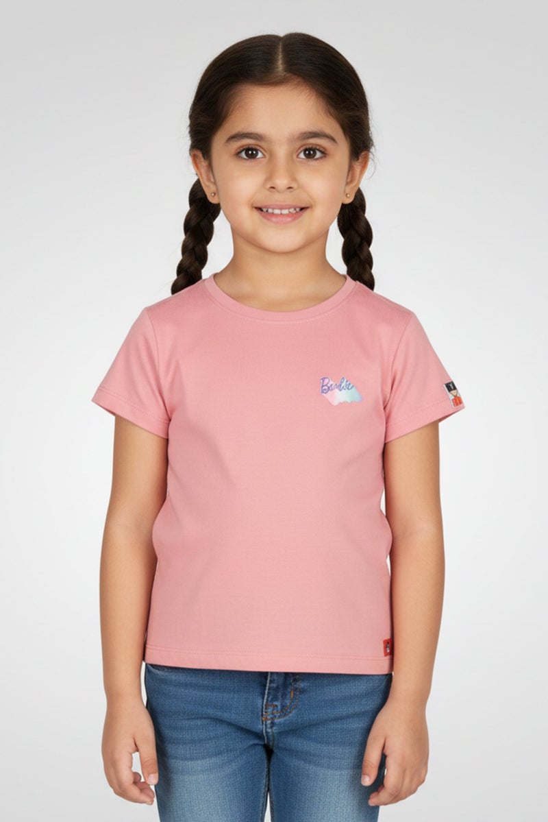 Hamleys x Barbie Toddlers Girl Crew Neck Short Sleeve Graphic Print T-Shirt, Old Rose - Image 1