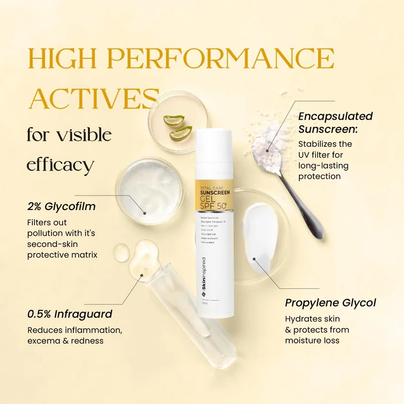 Skininspired Clear SkinInspired Total Care Gel Sunscreen | SPF 50+ PA+++ | Broad Spectrum | Ultra Light Gel | All Skin Types | For Both Men & Women | Airless Pump - 50 ml  | Best Price UAE