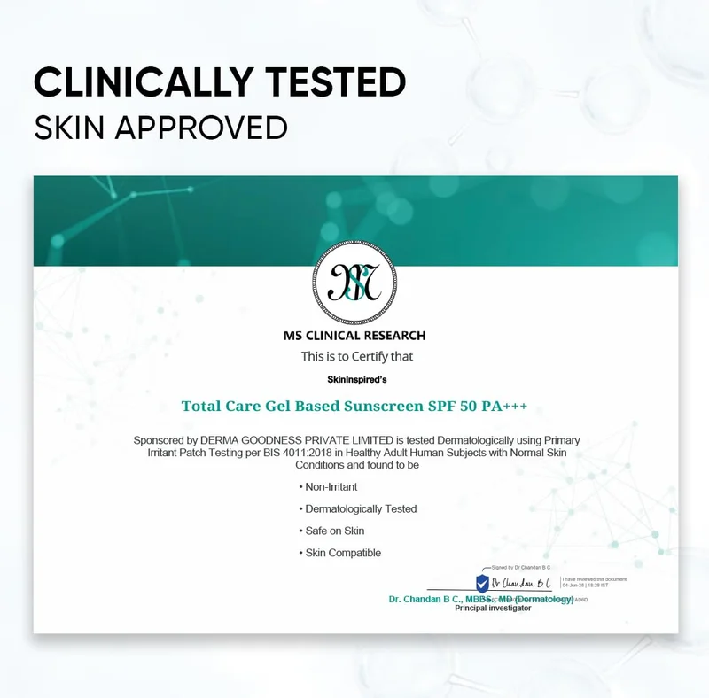 Skininspired Clear SkinInspired Total Care Gel Sunscreen | SPF 50+ PA+++ | Broad Spectrum | Ultra Light Gel | All Skin Types | For Both Men & Women | Airless Pump - 50 ml  | Best Price UAE