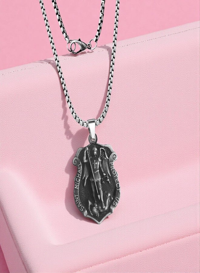 M Men Style Saint Michael the Archangel Locket | Protect Us Religious Necklace | Catholic Christian Gift | Spiritual Pendant Necklace Chain Grey SPn2025353 - Image 4