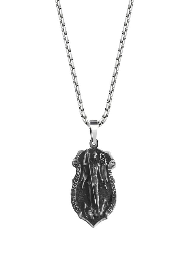 M Men Style Saint Michael the Archangel Locket | Protect Us Religious Necklace | Catholic Christian Gift | Spiritual Pendant Necklace Chain Grey SPn2025353 - Image 1