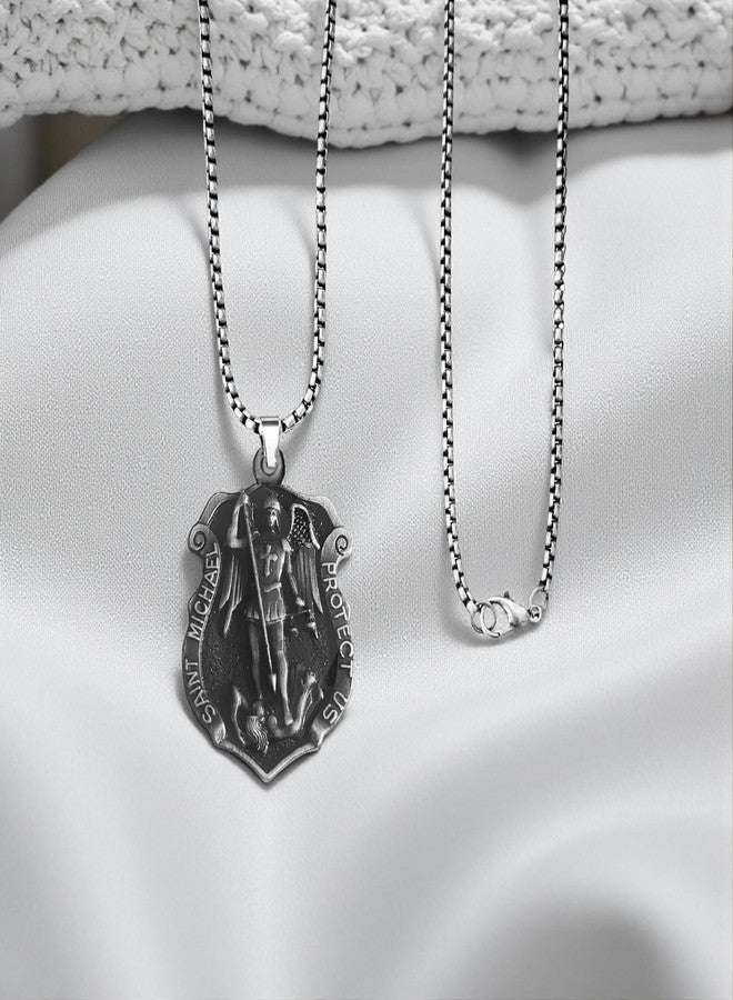 M Men Style Saint Michael the Archangel Locket | Protect Us Religious Necklace | Catholic Christian Gift | Spiritual Pendant Necklace Chain Grey SPn2025353 - Image 3