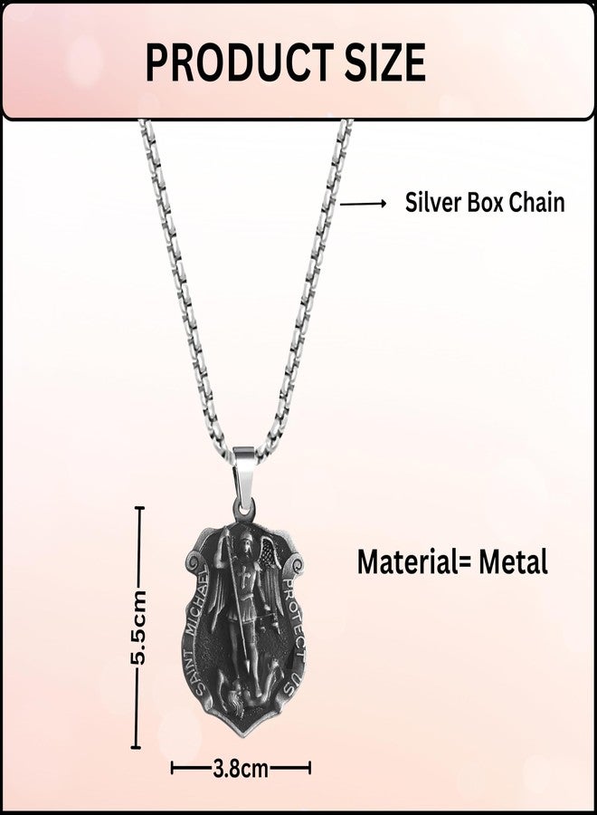 M Men Style Saint Michael the Archangel Locket | Protect Us Religious Necklace | Catholic Christian Gift | Spiritual Pendant Necklace Chain Grey SPn2025353 - Image 2