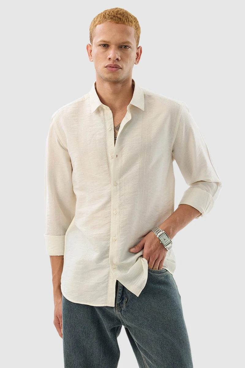SNITCH Off White Textured Long Sleeve Slim Fit Luxe Shirt