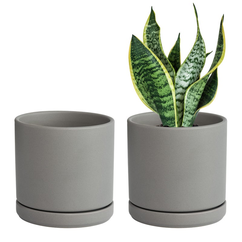 D'vine Dev Set of 2 Plants Pots, 6 Inch Ceramic Planter Pot for Plants with Drainage Hole and Saucer, Speckled Grey, 94-V-C-3 - Image 1
