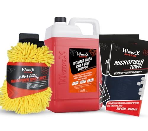 Wavex Wonder Wash Car Shampoo (5L) Combo | Luxurious Car Wash Shampoo, Honey Thick with Super Suds | With Peach Fragrance | Includes a Car Wash Mitt & 2 Microfiber Cloths - Image 1