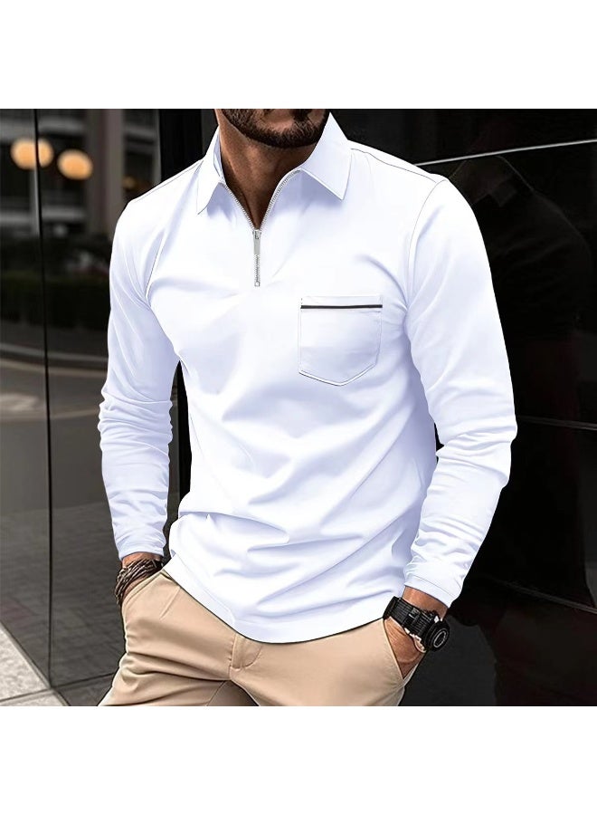 Spring Autumn Solid Color Long Sleeve Polo Shirt Zipper Pocket Lapel Men's Casual Sports Long Sleeve Top Men - Image 1
