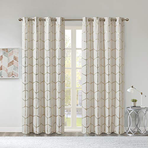 Intelligent Design Raina Total Blackout Metallic Print Grommet Top Single Window Curtain Panel Thermal Insulated Light Blocking Drape for Bedroom Living Room and Dorm 1 Piece, 63"x50", Ivory/Gold - Image 1