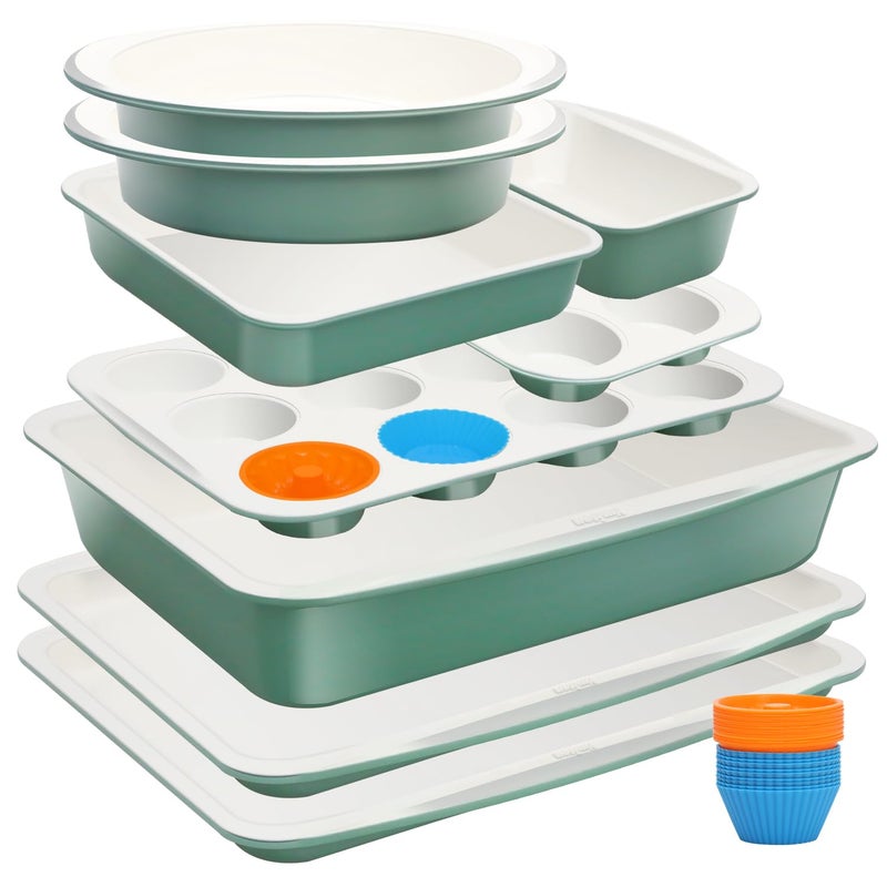 Ymiton Ceramic Nonstick Baking Pans Set, Non Toxic 33 PCS Stackable Bakeware Sets, 550Â°F Oven Safe Baking Sheet & Pans, Warp-Free, Dishwasher Safe, PTFE/PFOA/PFOS-Free (Green) - Image 1