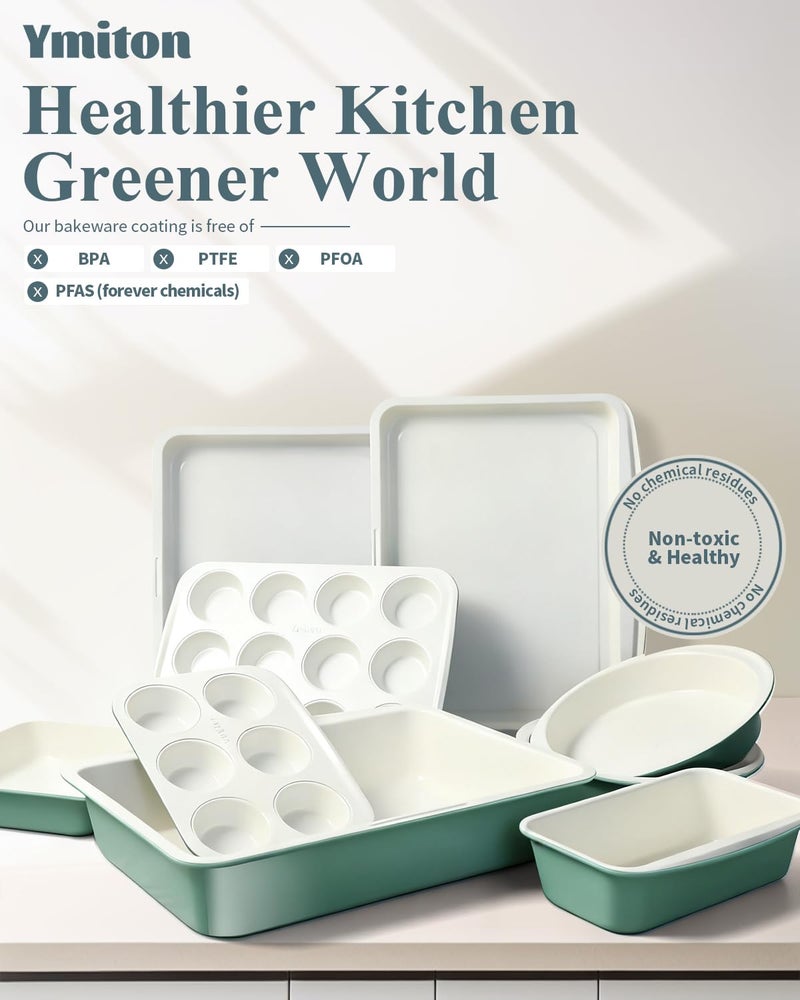 Ymiton Ceramic Nonstick Baking Pans Set, Non Toxic 33 PCS Stackable Bakeware Sets, 550Â°F Oven Safe Baking Sheet & Pans, Warp-Free, Dishwasher Safe, PTFE/PFOA/PFOS-Free (Green) - Image 2