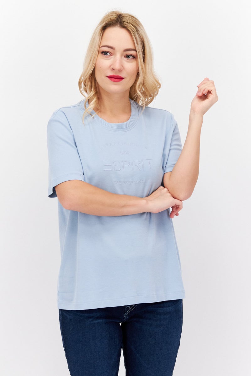 ESPRIT Women Crew Neck Short Sleeve Brand Logo T-Shirt, Light Blue - Image 1