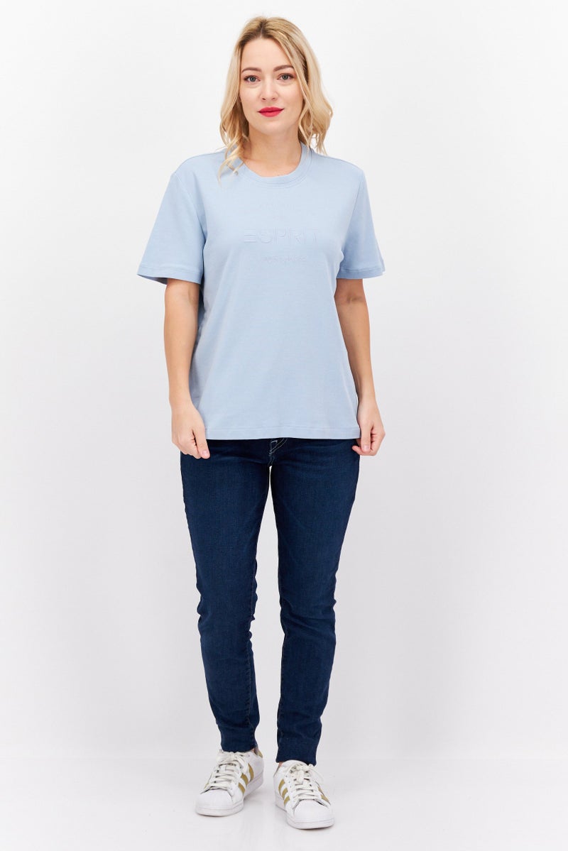 ESPRIT Women Crew Neck Short Sleeve Brand Logo T-Shirt, Light Blue - Image 3
