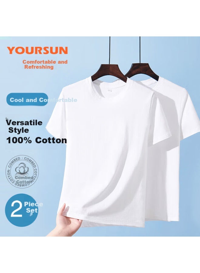 Your Sun Comfortable And Cool 100% Cotton Men's T-shirt Men's Ribbed Base Sweatshirt Loose Casual Sports Round Neck Short Sleeve Two-pack - Image 1