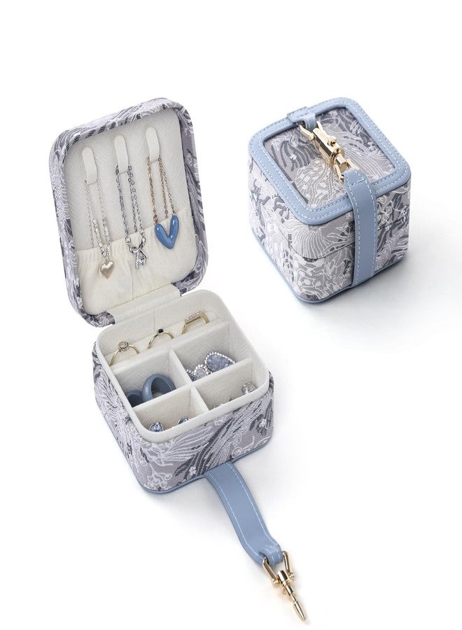 CASEGRACE Embroidery Flower Jewelry Box, Portable Jewelry Organiser for Necklace, Ring and Earring, Women's Essential Small Travel Jewellery Organiser (blue) - Image 1