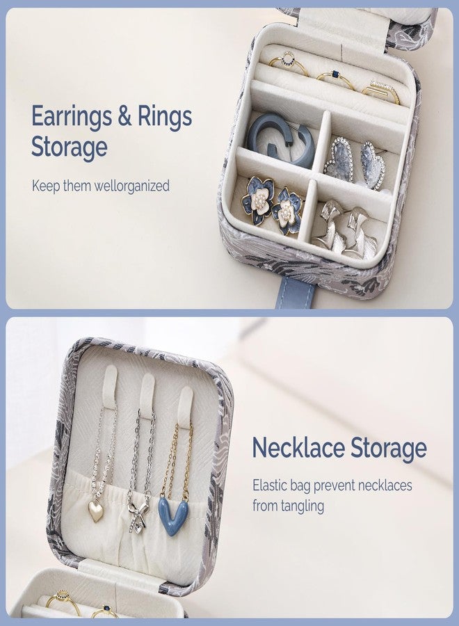 CASEGRACE Embroidery Flower Jewelry Box, Portable Jewelry Organiser for Necklace, Ring and Earring, Women's Essential Small Travel Jewellery Organiser (blue) - Image 2