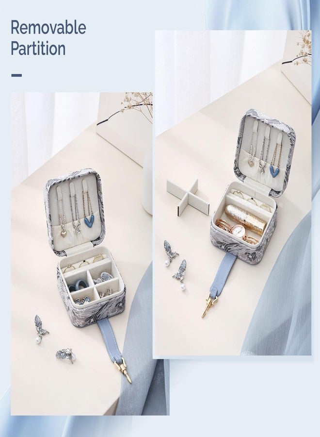 CASEGRACE Embroidery Flower Jewelry Box, Portable Jewelry Organiser for Necklace, Ring and Earring, Women's Essential Small Travel Jewellery Organiser (blue) - Image 5