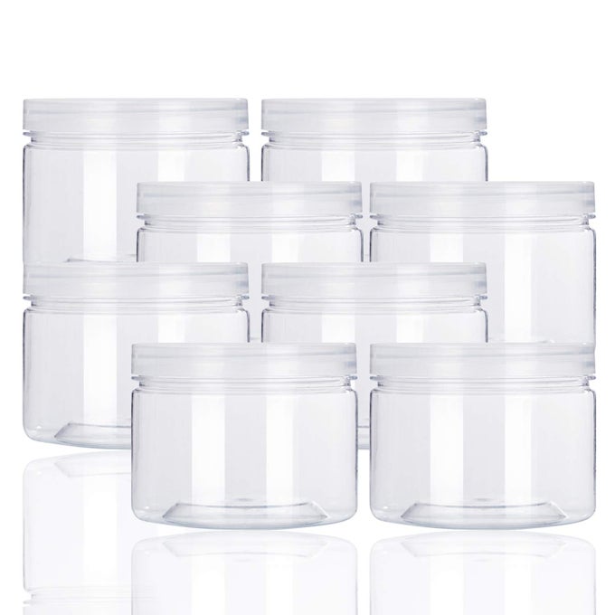 12OZ CLEAR PLASTIC STORAGE JARS CONTAINERS8 PACK REFILLABLE WIDEMOUTH PLASTIC SLIME STORAGE CONTAINERS FOR BEAUTY PRODUCTSKITCHEN HOUSEHOLD STORAGE BPA FREE